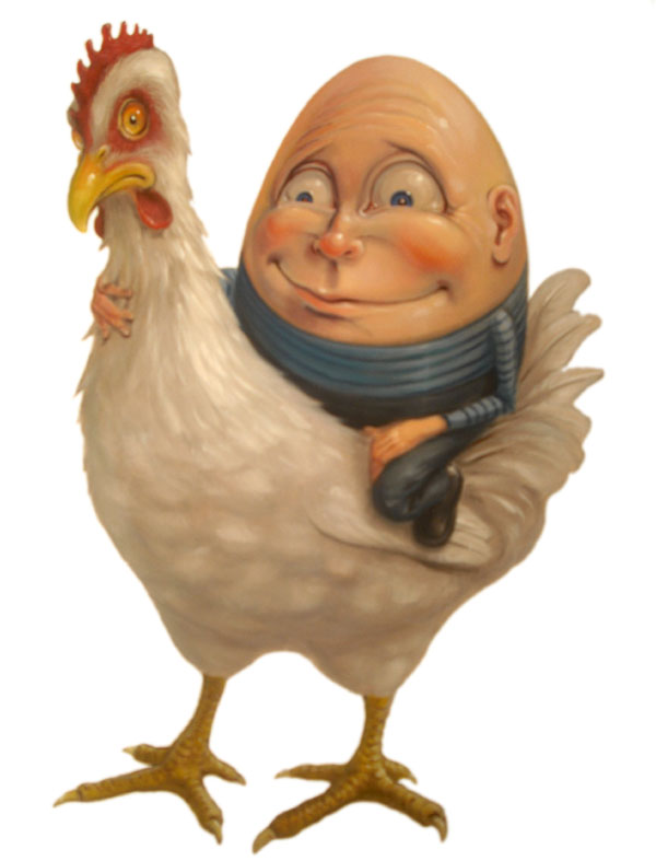 Humpty Dumpty rides a chicken