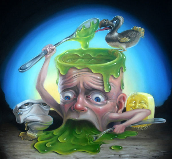 Stephen Gibb - man oozing green goo, sick toilet, dodo, soap