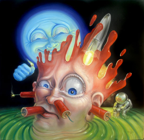 Stephen Gibb Canadian Pop Surrealism - exploding head, rocket, spaceman, moon