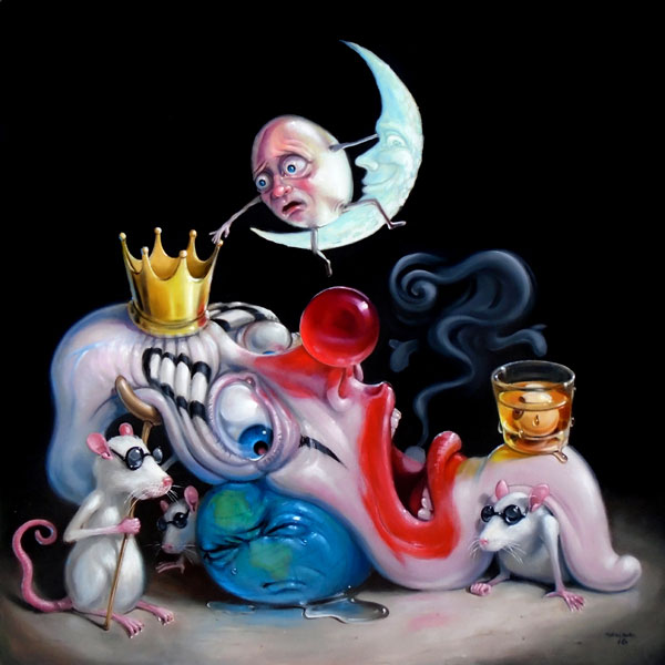 Stephen Gibb Canadian Pop Surrealism - Three blind mice hold up clown