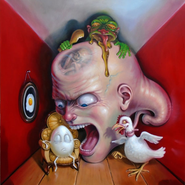 Stephen Gibb Canadian Pop Surrealism - giant head screams at egg