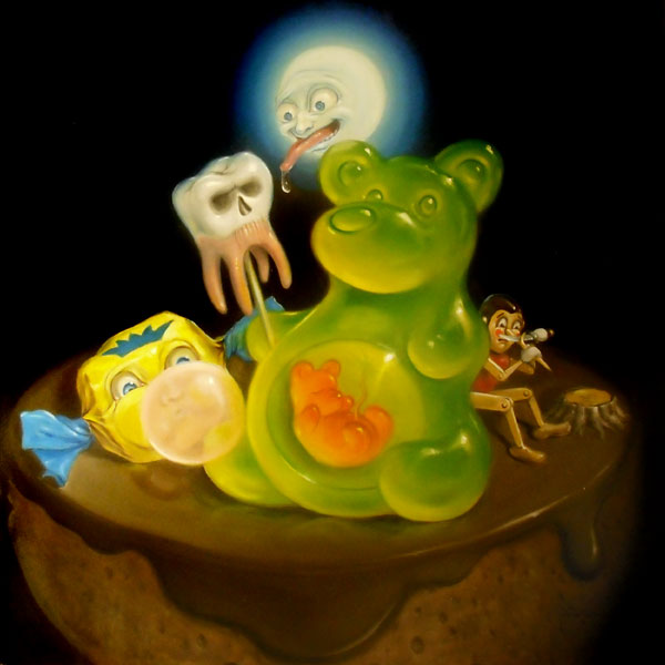 Stephen Gibb Canadian Pop Surrealism - Pregnant gummy bear, gummy-bear, Pinnochio