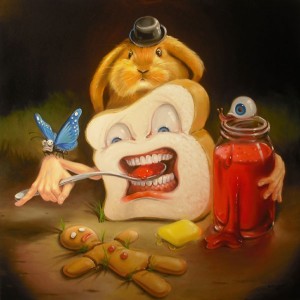 Stephen Gibb Canadian Pop Surrealism - whitebread eating jam, broken gingerbread man